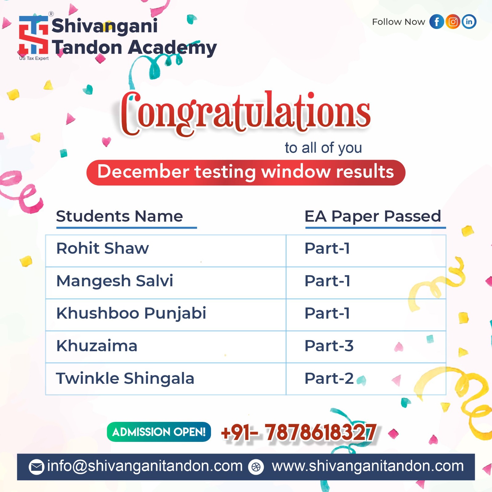congratulation December testing window result